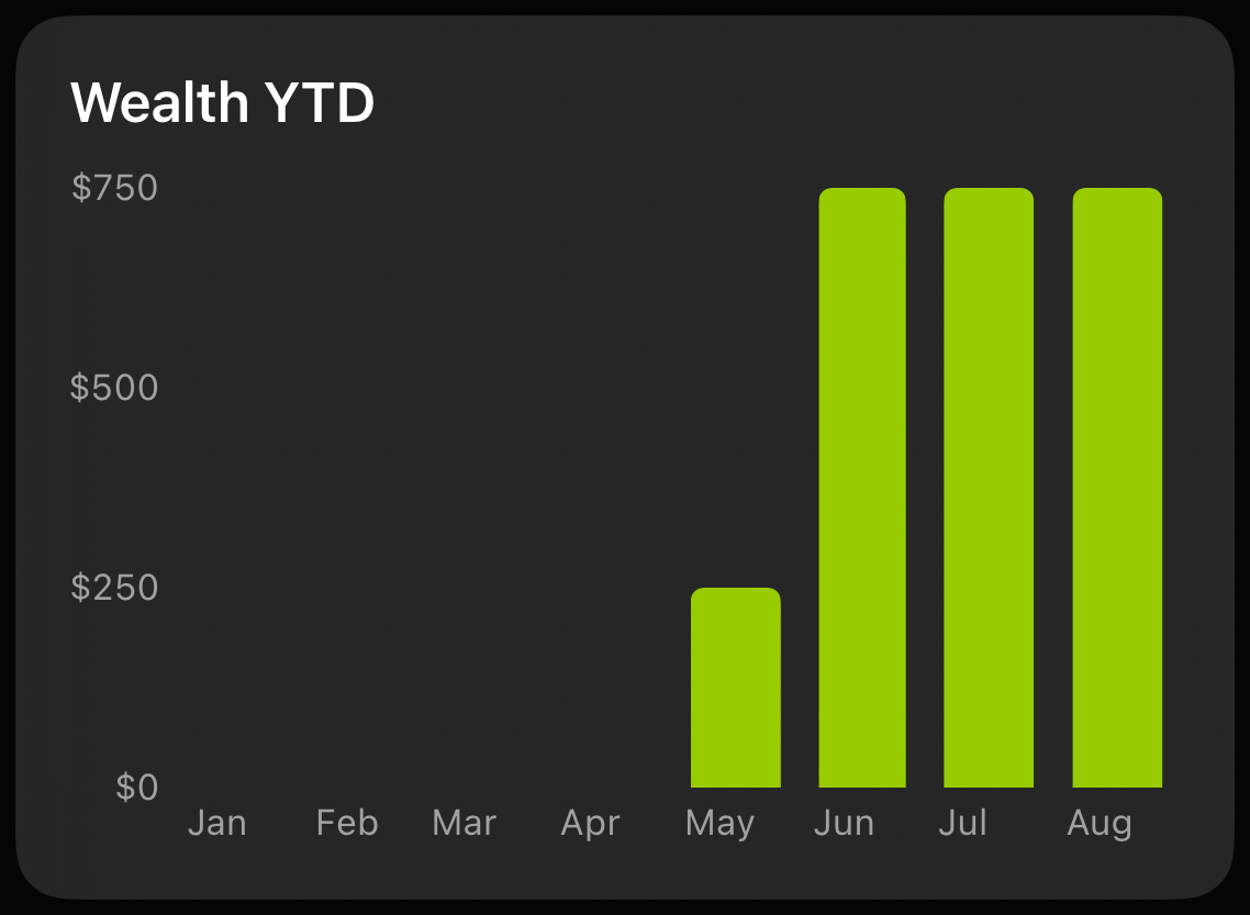 Wealth year-to-date bar chart showing monthly investment contributions.