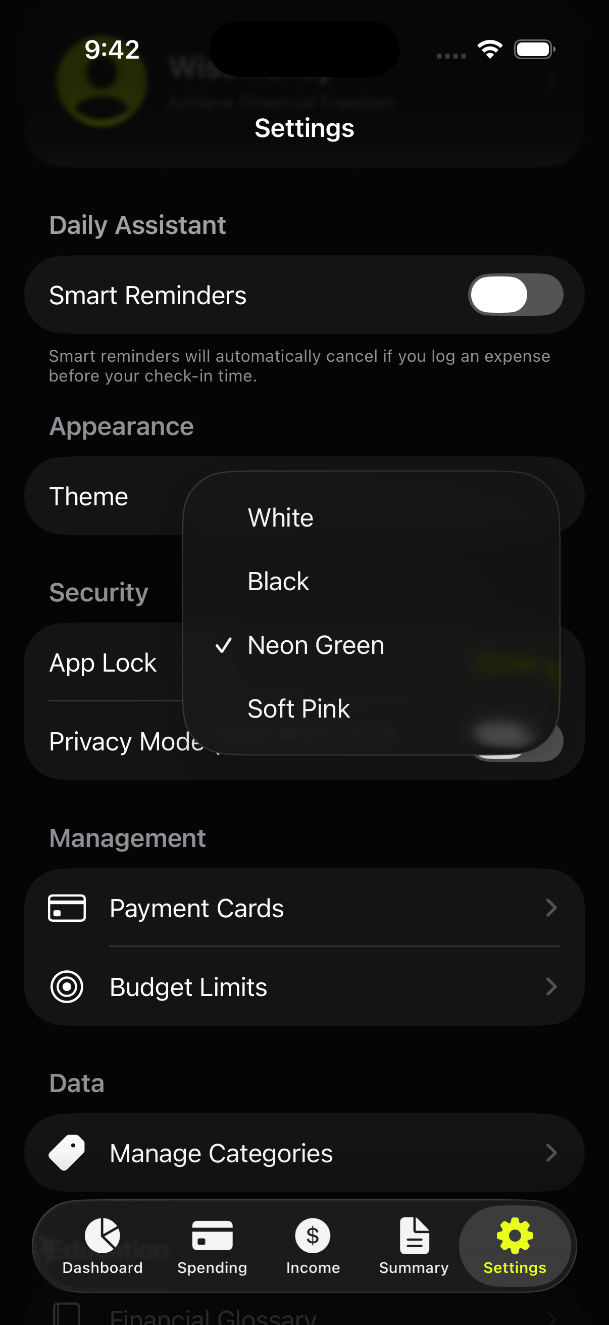 Settings tab showing theme, security, and management options